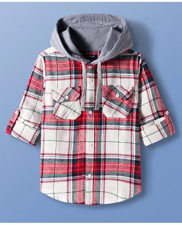 Pine Kids Cotton Woven Full Sleeves Brushed Hooded Shirt With Checks - Red